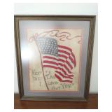 Framed silk embroidery waving American flag