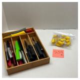 Lot of Kitchen Knives in Wood Tray & Bag