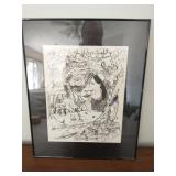 Framed black-and-ink surrealist drawing, signed