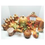 Tote of fall decorations, candles & pumpkins