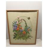 1970s framed crewel embroidery wall art