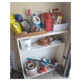 Group of gardening/yard supplies & shelf