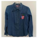 Blue Denim Shirt with Embroidered Apple Patch & #1