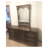Vintage dark wood triple dresser with mirror