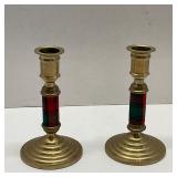 2 VTG Brass Candle Sticks Holders with Plaid