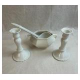 Porcelain Candle Holder, Ladel, & Bowl