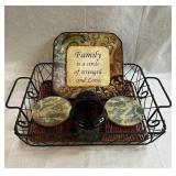 Lot of Family Table Decorations and Metal Basket
