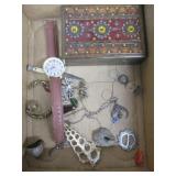 Costume Jewelry - Watch, Rings, Wood Box