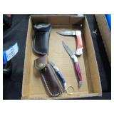 Three Damascus Pocket Knives, Two Sheaths