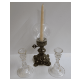 Brass Candle Holder with Glass Globe and Crystal Candlesticks