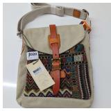 TSD Brand Canvas and Leather Crossbody Bag - Ivory Multi