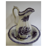 Vintage Blue & White Floral Decorated Ceramic Wash Basin and Pitcher Set