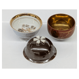 JAPANESE SAKE CUPS 1 WITH PAPER MARKED 40TH  LEAVING  SERVICE COMMEMORATION , 1 WITH JAPANESE CHARACTER MARKS AND 1 WITH INLAID STONES ON BOTTOM
