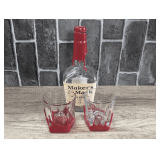 MAKER'S MARK LOWBALL GLASSES WITH POURED WAX BASES PLUS MAKER'S MARK WHISKEY BOTTLE