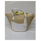 Isabellaa Straw Tote Bag with White Accents