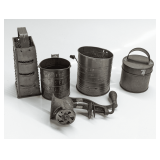 ANTIQUE KITCHEN TOOLS INCLUDING SIFTER, GRATER, MEAT GRINDER AND MORE