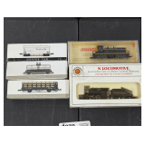 BACHMANN SHIFTER & TENDER PENNSYLVANIA N SCALE ENGINE, ARNOLD RIVAROSSI 5118/5120 SANTE FE ENGINE (MADE IN GERMANY), AND 3 HIGH SPEED METAL PROD. N SCALE CARS
