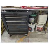 EVERYTHING UNDER TABLE MARKED 1216 INCLUDING GEAR OIL, CRAFTSMAN ROLLING TOOL CABINET, PAIR OF SHOP VACUUMS, AND MORE