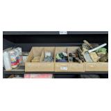 CONTENTS OF SHELF MARKED 1023 INCLUDING IGLOO COOLER REPLACEMENT PARTS, DROP CLOTHS, PULLEYS, CHAIN, WIRE BRUSHES, AND MORE