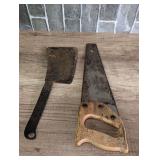 VINTAGE HAND SAW AND ANTIQUE CLEAVER BLADE