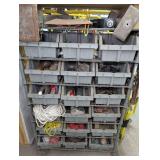 TRAILER PARTS AND MORE ON SHELVES OF WIRE ROLLING SHELVING UNIT, INCLUDES PLASTIC PARTS BINS