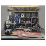 EVERYTHING ON TOP OF TABLE MARKED 1215 INCLUDING VINTAGE CRAFTSMAN BANDSAW WITH SEPARATE ELECTRIC DRIVE MOTOR, PULLERS, WELDING SUPPLIES, O-RINGS, MULTIMETERS, TIMING LIGHT, MILK CRATES, AND MORE