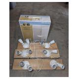 HAMPTON BAY THREE LIGHT PENDANT LIGHT FIXTURE IN ORIGINAL BOX AND OUTDOOR FLOOD LIGHT FIXTURES
