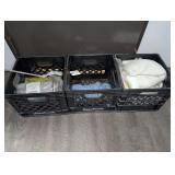 THREE MILK CRATES AND CONTENTS INCLUDING INDUSTRIAL GLOVES, PVC PONCHO, COMMERCIAL GRADE MOP HEADS, AND MORE