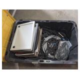 TUB FILLED WITH PA SYSTEM SOUND CABLES, PICTURE FRAMES, AND NOTEBOOKS