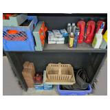 CONTENTS OF SHELF AND FLOOR BENEATH INCLUDING RATCHET STRAPS, DRANO, CONTRACTOR BAGS, 20 TON BOTTLE JACK, AND MORE