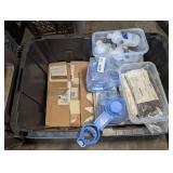 TUB FILLED WITH SOAP, SANITIZER, COMMERCIAL CAN LINERS, MASKS, PLASTIC T-SHIRT BAGS, AND MORE