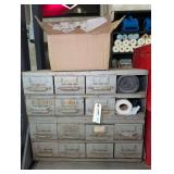 VINTAGE STEEL HARDWARE CABINET AND CONTENTs, INCLUDES AIR BOX ON TOP