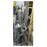 TWO DUAL GAS TORCH CARTS WITH TANKS AND ACCESSORY, LOT ALSO INCLUDES METAL LEANING AGAINST PALLET RACKING