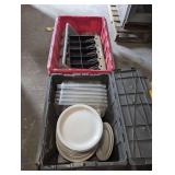 TWO FLIP TOP STORAGE TUBS AND CONTENTS INCLUDING RESTAURANT SERVING SUPPLIES, CASH BOX SEPARATOR, AND CHINA