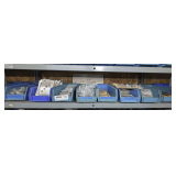 PLASTIC PARTS BINS AND CONTENTS ON SINGLE SHELF MARKED 2008 INCLUDING DOOR HINGES, DOOR HARDWARE, AND MORE