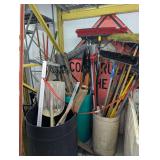 ALL TOOLS IN THREE CANS AND BETWEEN MARKED 1199 INCLUDING BARN SHOVELS, SQUARE TOOL, POST HOLE DIGGERS, SHOP BROOMS, AND MORE