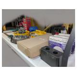 ALL ITEMS ON TABLE MARKED 1075 INCLUDING SMOKE /CARBON MONOXIDE ALARMS IN ORIGINAL BOXES, UNUSED KITCHEN SINK FAUCET, BONAIRE 120 VOLT INFLATOR, CROSS PEN, TOOLS, AND MORE