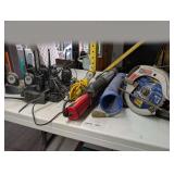 ALL ITEMS ON UPPER TABLE AREA MARKED 1074 INCLUDING SEARS CRAFTSMAN 2 HORSEPOWER CIRCULAR SAW, AIR HOSE, SHOP LIGHTS, AND WALKIE TALKIES BY COBRA AND ARCSHELL
