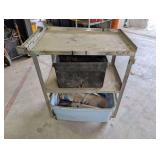 STAINLESS THREE-TIER CART AND CONTENTS INCLUDING POWER BLOCKS, CLEAR PLASTIC SHEETING, AND MORE