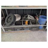 MILK CRATES AND CONTENTS IN UNDER TABLE AREA MARKED 1044 INCLUDING AIR HOSE REEL, FIRE HOSE, BENDER, FIRE EXTINGUISHERS, AND MORE