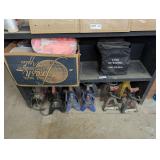 CONTENTS OF BOTTOM SHELF AND FLOOR BENEATH INCLUDING HUGE BOX OF SAFETY GLASSES, LYNX LEVELERS, MULTIPLE JACK STANDS, AND MORE