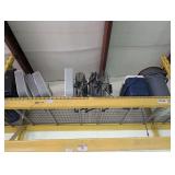 FIVE BOX FANS, THREE SHOP FANS, COOLER, AND PAIR OF TRASH CANS ON TOP PALLET RACKING SHELF *** SPECIAL PICKUP INSTRUCTIONS ***