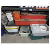 CONTENTS OF BOTTOM SHELF AND FLOOR BENEATH INCLUDING MILITARY AMMO BOX, LARGE BOX OF LASER LITE EAR PLUGS, LARGE NUMBER OF UNUSED WORK GLOVES, (EMPTY) METAL TOOL BOXES, TUB STYLE CONTAINERS, AND MORE