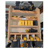 HANDMADE WOODEN RACK AND ALL DEWALT 12-VOLT EXTREME TOOLS, BATTERIES, AND BITS