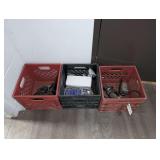 THREE MILK CRATES AND CONTENTS INCLUDING GLUE GUNS, SAFETY GLASSES, AND MORE