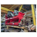 TRAILER PARTS ON TOP OF RACK MARKED 1204 INCLUDING PENTILE STYLE HITCH, TONGUE STANDS, AND MUCH MORE, INCLUDES RED PLASTIC PARTS BINS