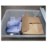 STORAGE TUB FILLED WITH NITRILE MEDICAL GLOVES, PROMOTIONAL INK PENS, AND A MORE