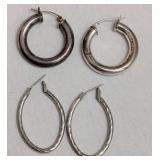 2 Pair Hoop Earrings Thick Circular Pair Marked 925