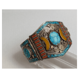 Wide Inlay  Cuff Bracelet  Marked 925 Possibly Mixed Metals