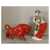 VINTAGE RED BULL CERAMIC FIGURINE 6' TALL X 10' LONG & VINTAGE CERAMIC MATADOR 11' TALL